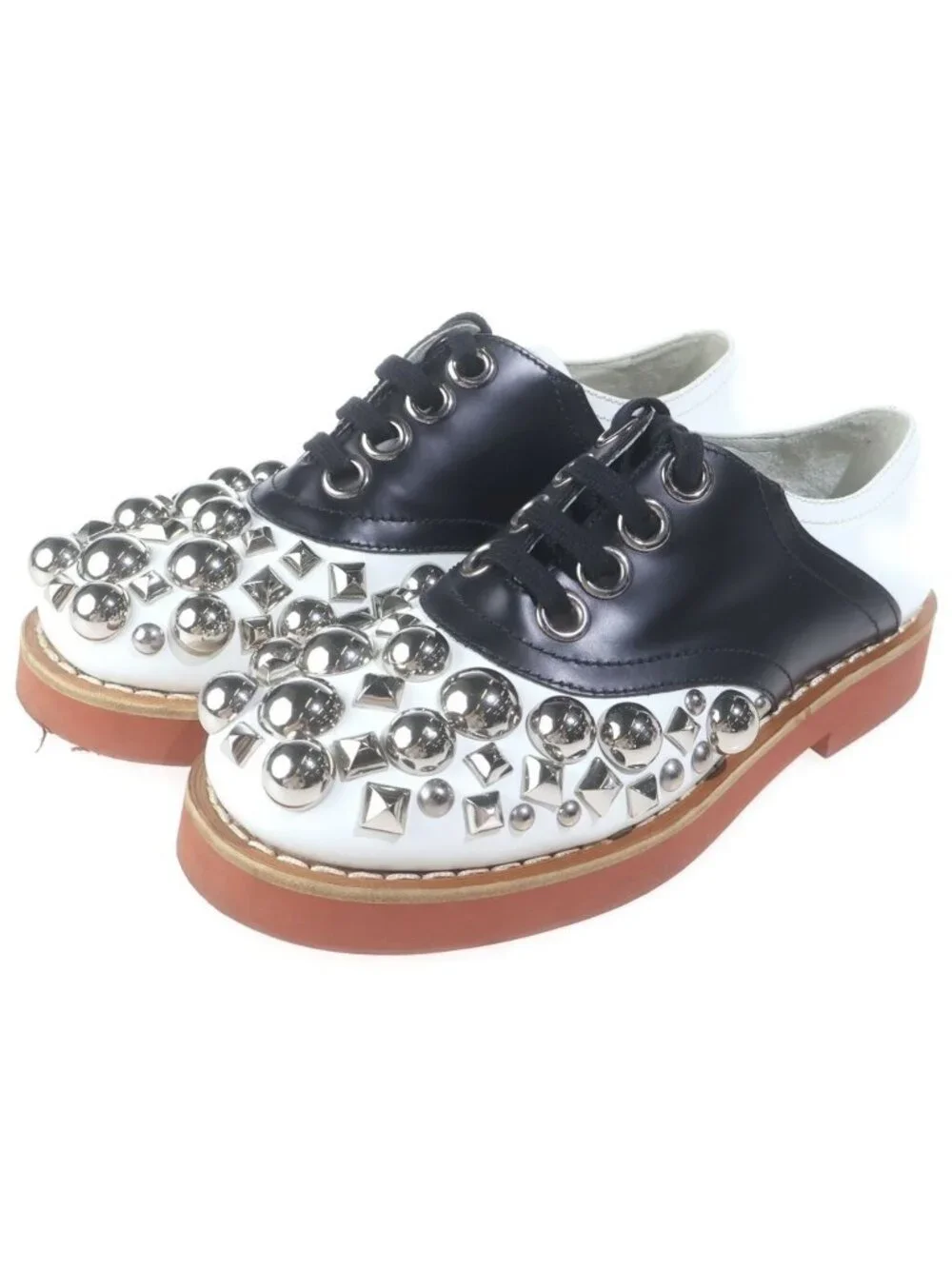 Miu Miu Studded Lace Up Low Cut Leather Shoes Black White